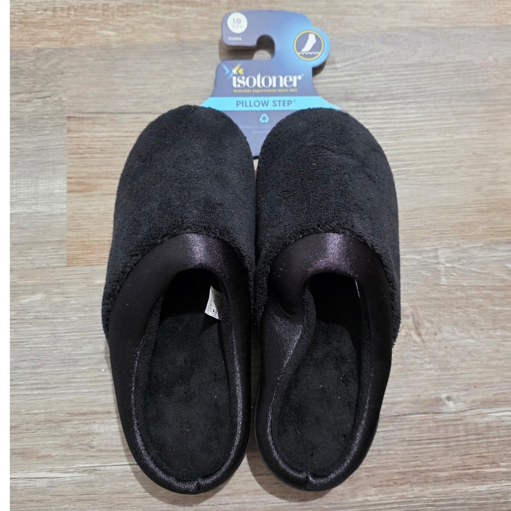 Isotoner Womens Pillow Step Slippers Size Large 8.5-9 Black Terry Satin Clog